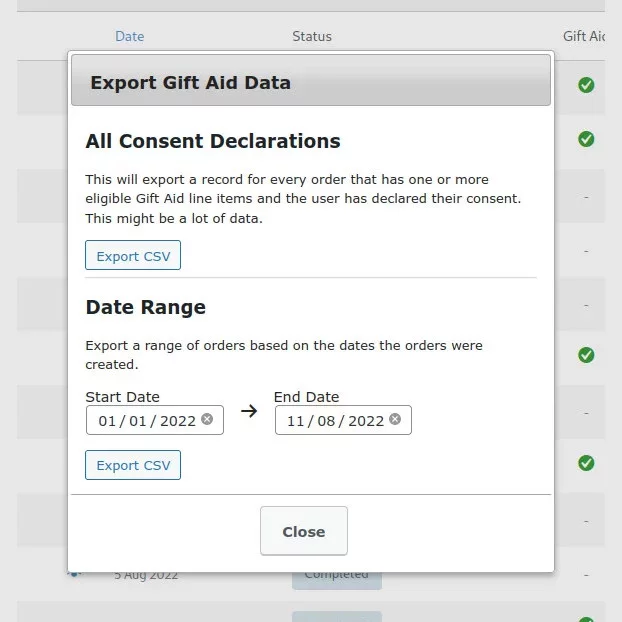 Options when exporting Gift Aid Consent data