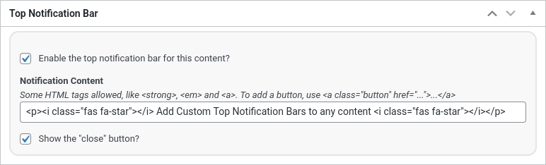 Top Notification Bar post/page settings