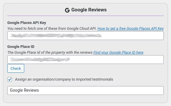 Settings for importing Google Reviews into Tip Top Testimonials