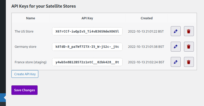 Create API keys for your WooCommerce satellite stores