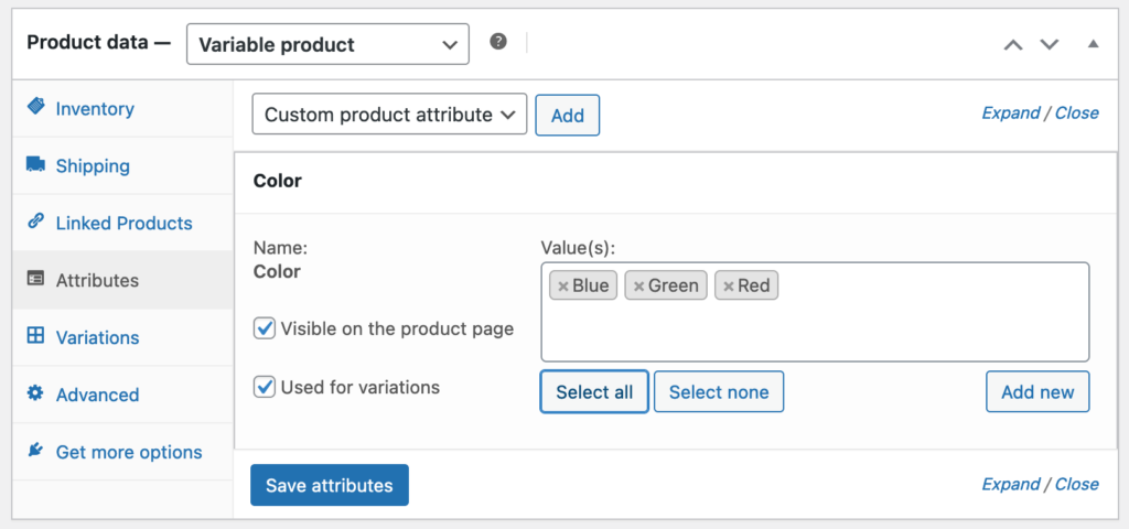 Custom product attributes for variations