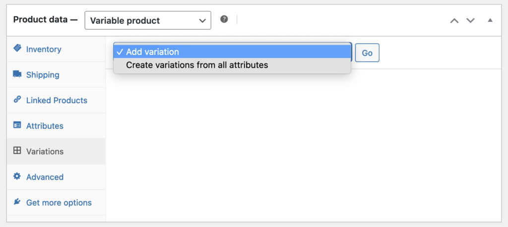 Adding a product variation from the select menu