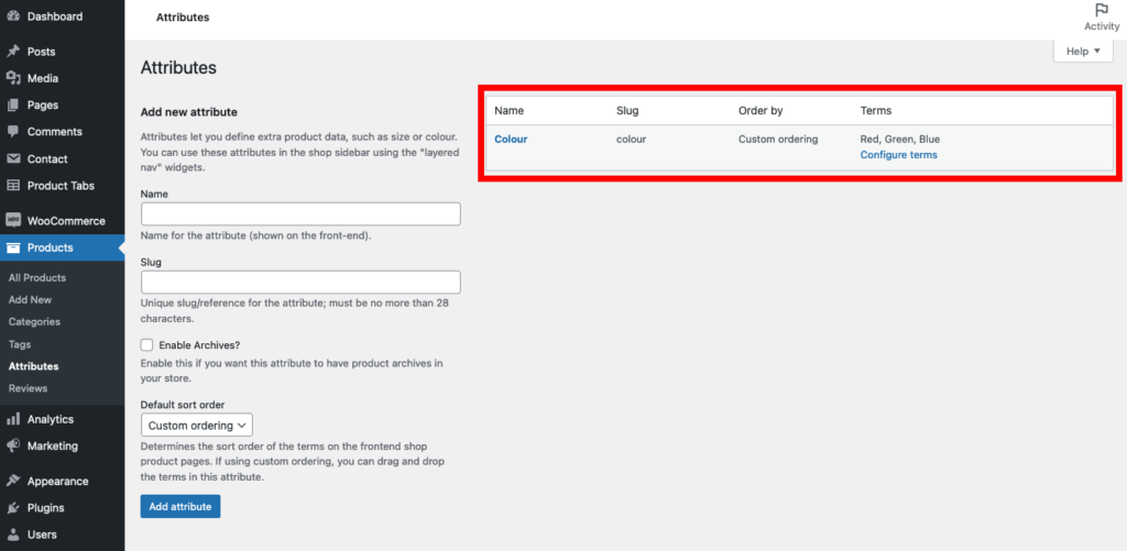 Configuring WooCommerce attribute terms