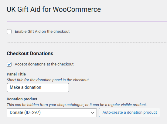 Plugin settings for WooCommerce donations at the checkout
