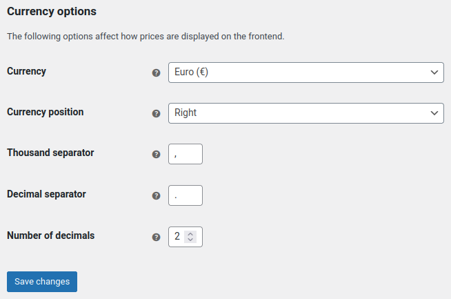 WooCommerce currency options