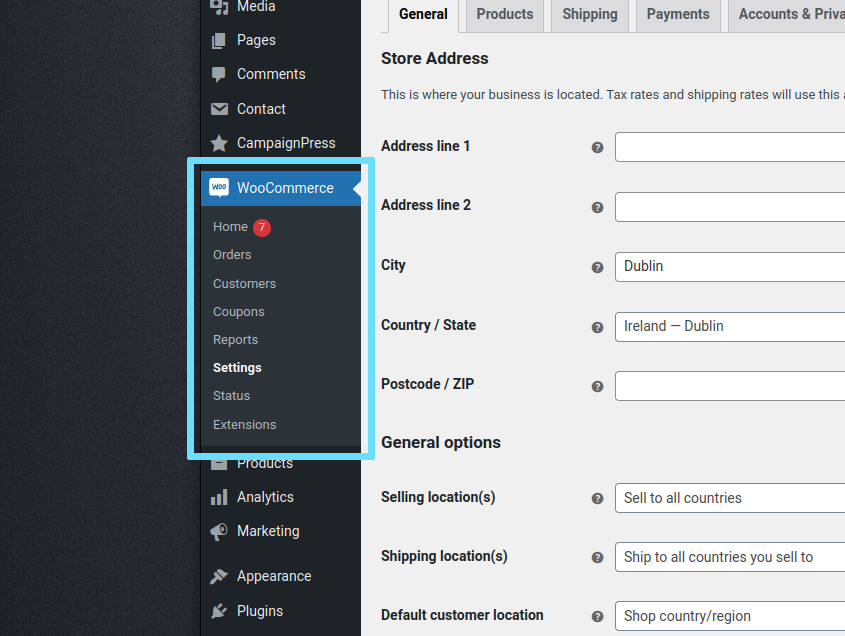 WooCommerce general settings admin menu