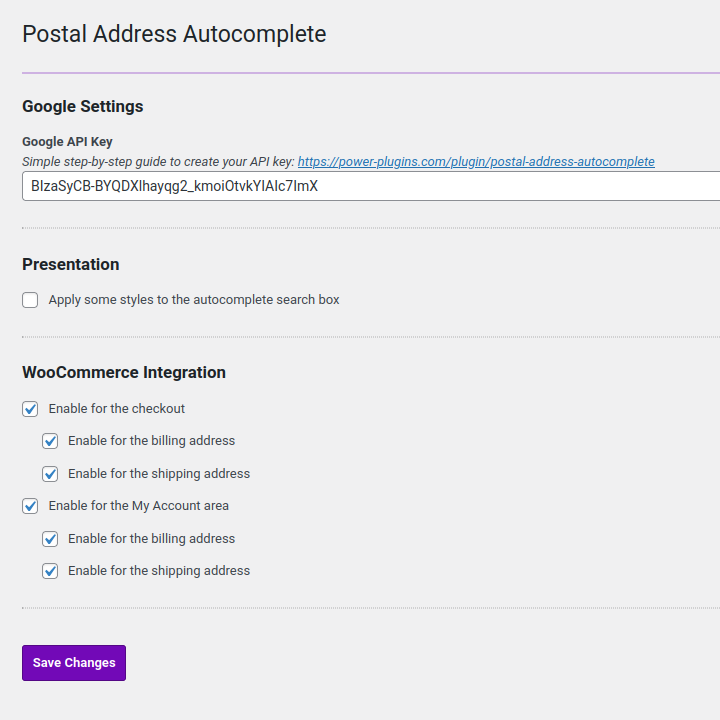 WordPress postal address autocomplete settings