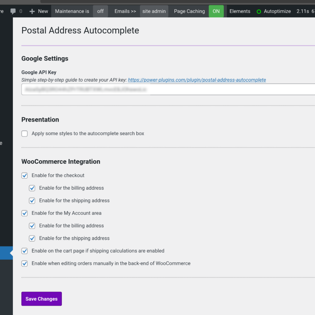 WordPress postal address autocomplete settings