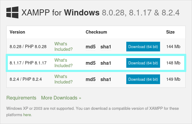 XAMPP PHP versions for Windows
