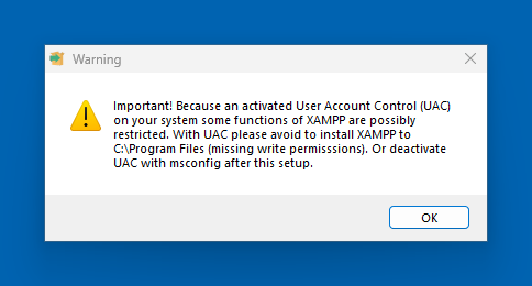 XAMPP warning about User Access Control on Windows