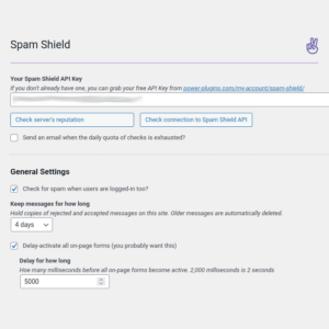 Spam Shield plugin general settings page