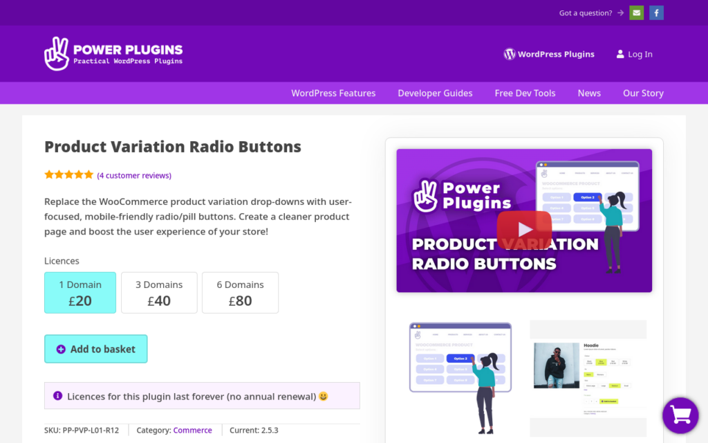 Product Page for our Variation Radio Buttons plugin