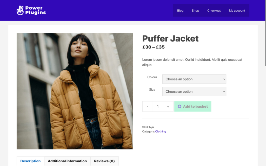 WooCommerce single product page for a variable product (Desktop)