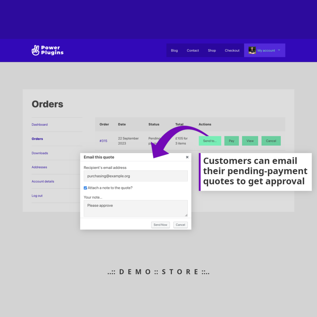Email a WooCommerce quote to purchasing department