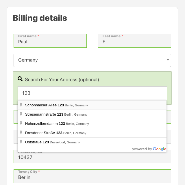 WooCommerce billing address lookup Deutschland