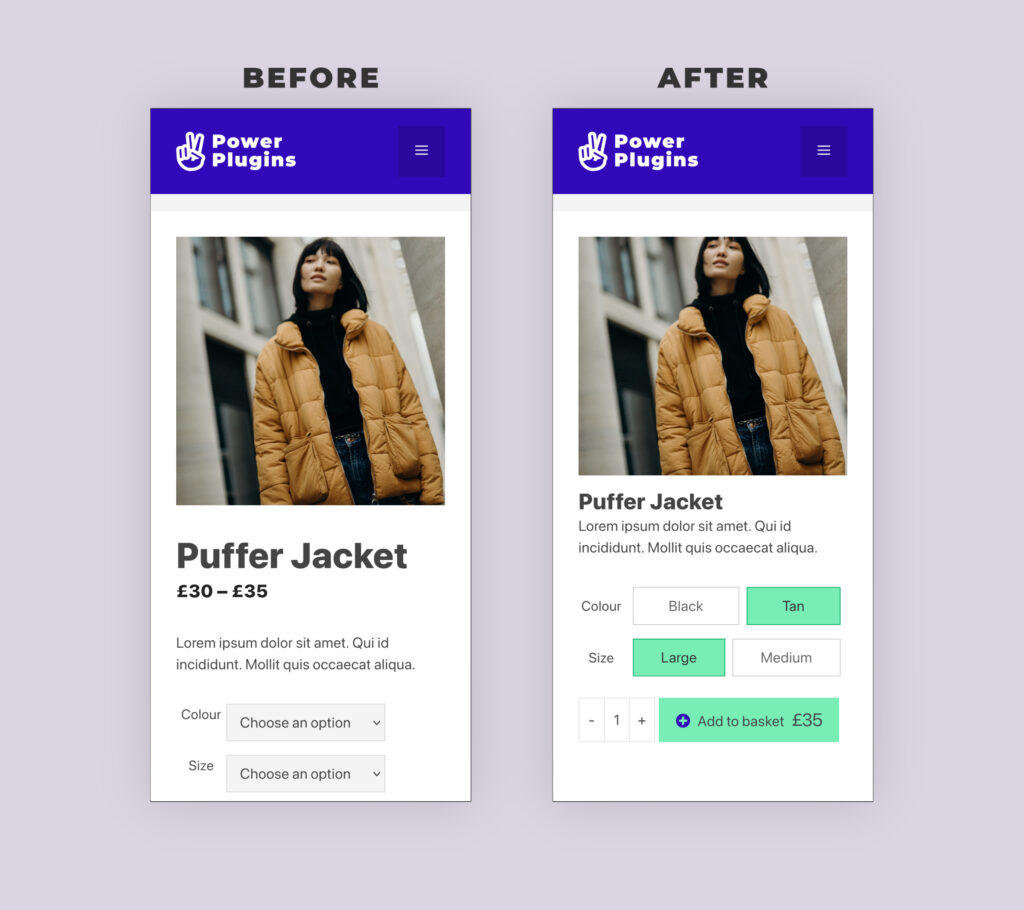 WooCommerce product page before and after