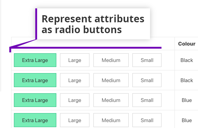Product attributes as radio buttons