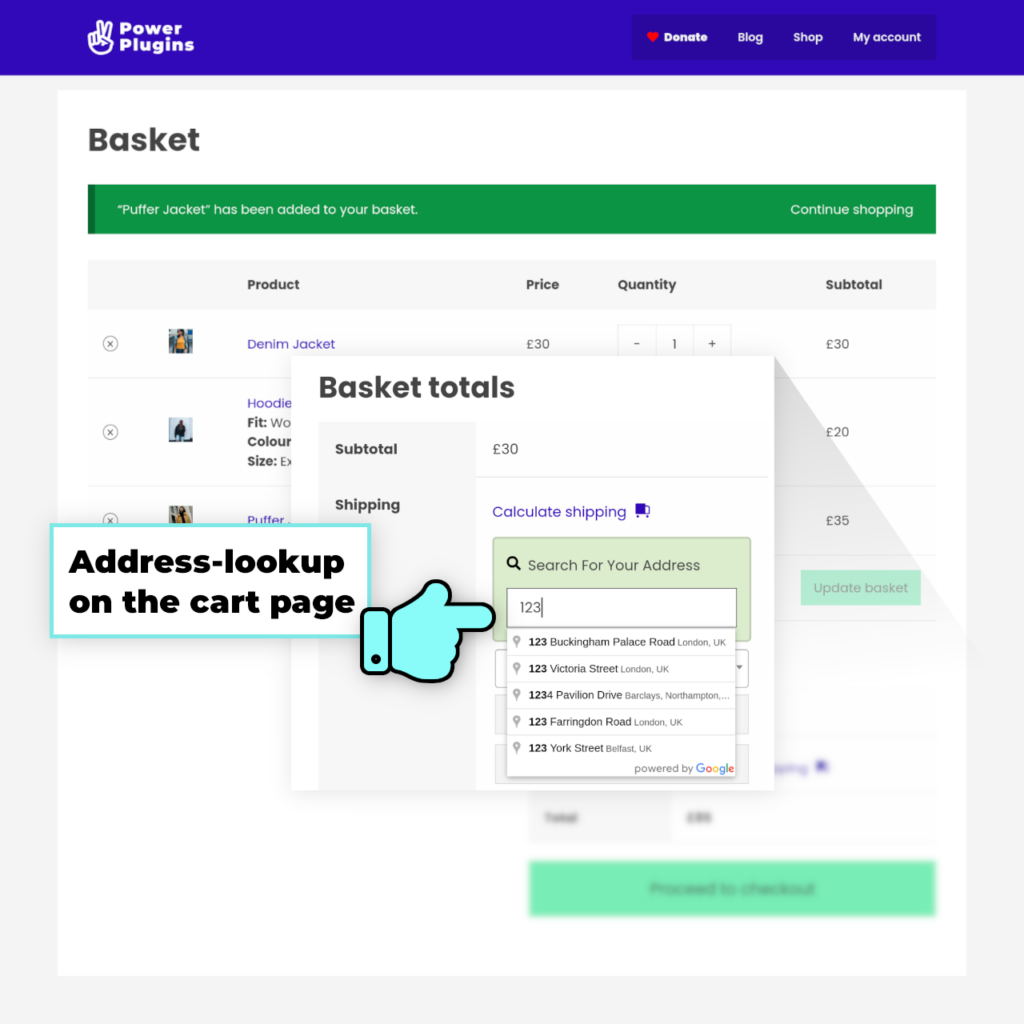 Address lookup on the WooCommerce cart page