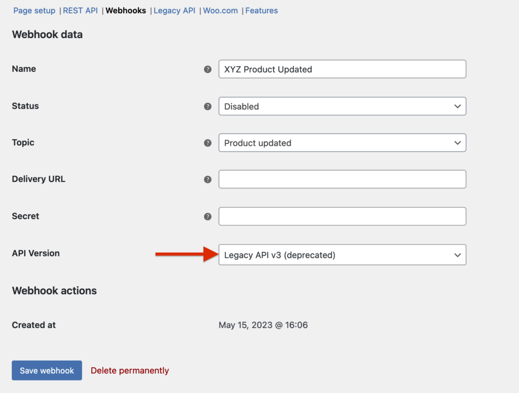 WooCommerce webhook settings with API version