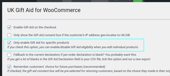 Enable woocommerce gift aid for specific products