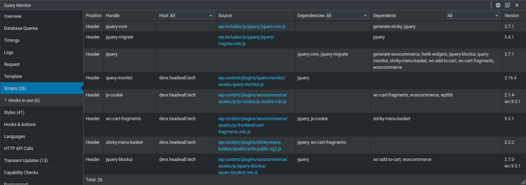 Query Monitor enqueued scripts